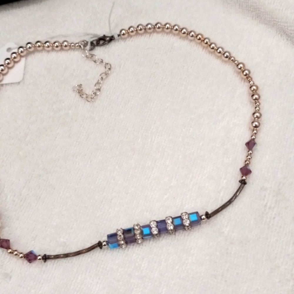 Silver Tone beads with Blue Glass Surrounded by Rhinestones 18"